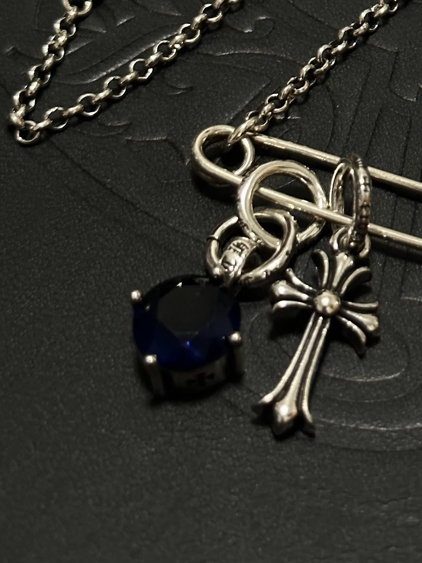 Chrome Hearts Silver Cross and Lock Charm Necklace with Blue Gemstone